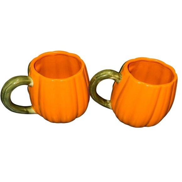 Set Of 2 Pumpkin-Shaped Ceramic Coffee Mugs With Green Leaf Handles - Picture 5 of 7